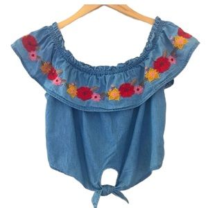 Off shoulder Denim top with floral embroidered detail